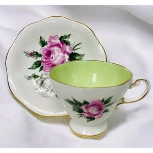 EB FOLEY Scalloped Teacup & Saucer Mint Green Cabbage Rose Gold Edge Trim